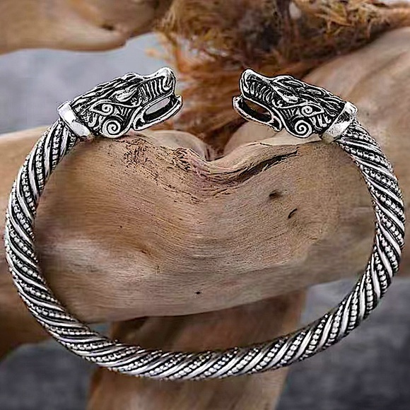 Silver Viking Wolf Head Twisted Norse Arm Band Cuff Bangle Bracelet Men Women - Picture 1 of 6